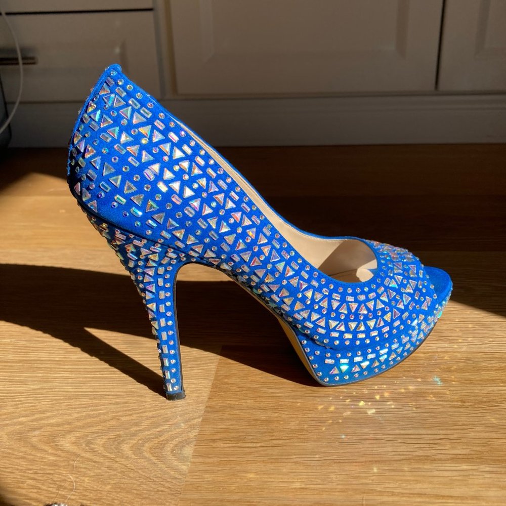 ENZO ANGIOLINI size 8 blue fun embellished platform peep toe heel